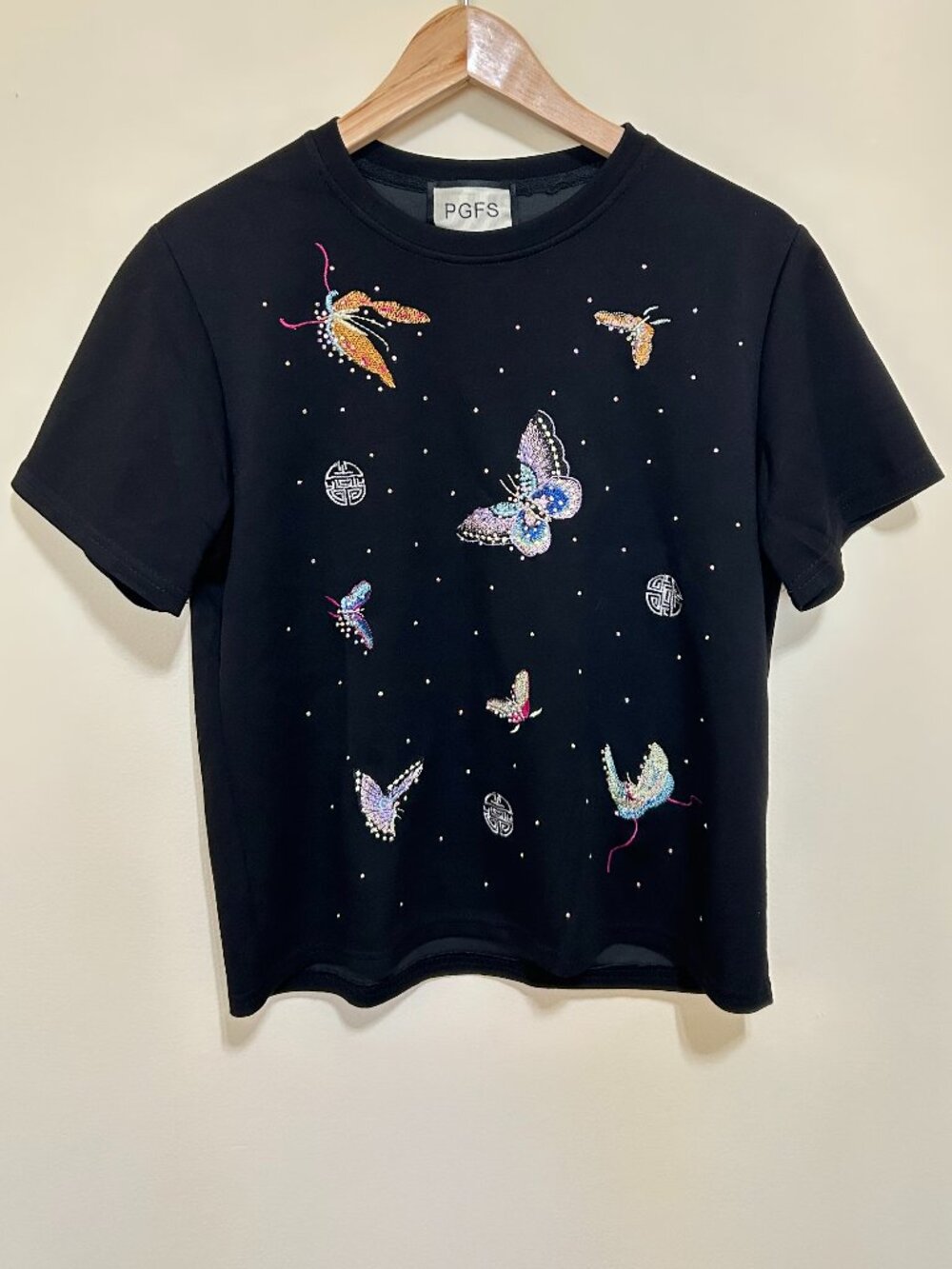 PGFS Crew Neck Short Sleeve Tee Embroidered Butterfly Design Black